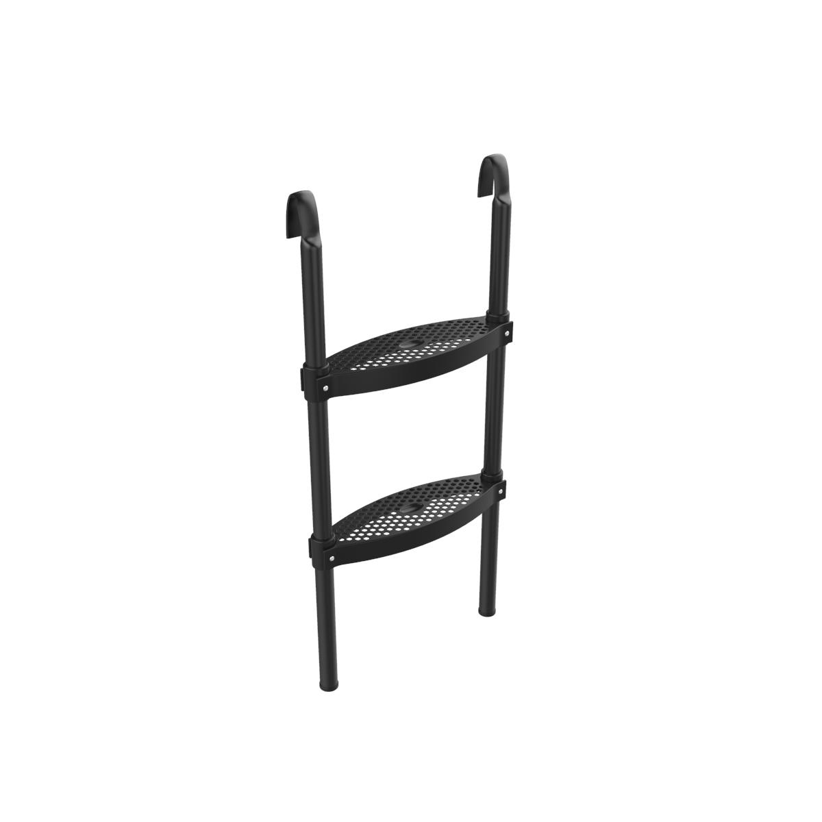 Zwarte metalen ladder met twee treden en twee leuningen, op witte achtergrond.