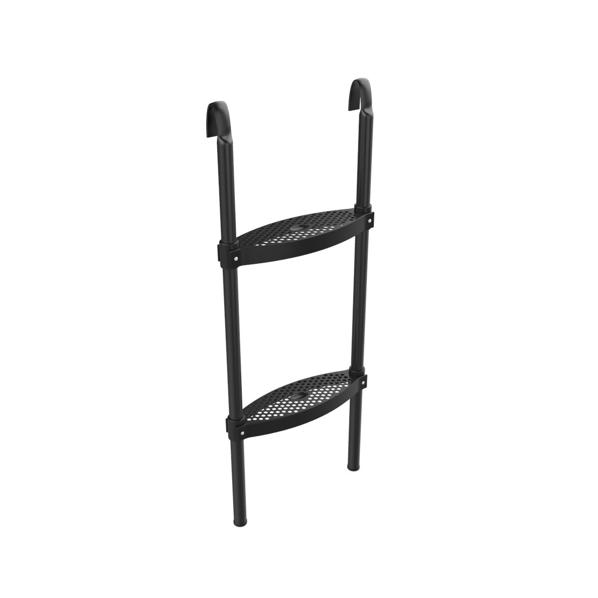 Zwarte metalen ladder met twee treden en gebogen bovenkant. Haken bovenop om op te hangen.