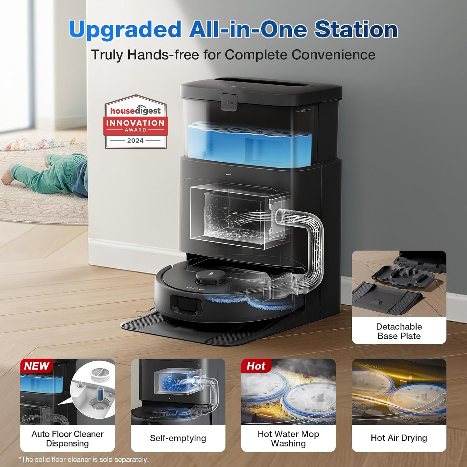 Robot sprzątający z różnymi funkcjami, tekst w języku niemieckim.