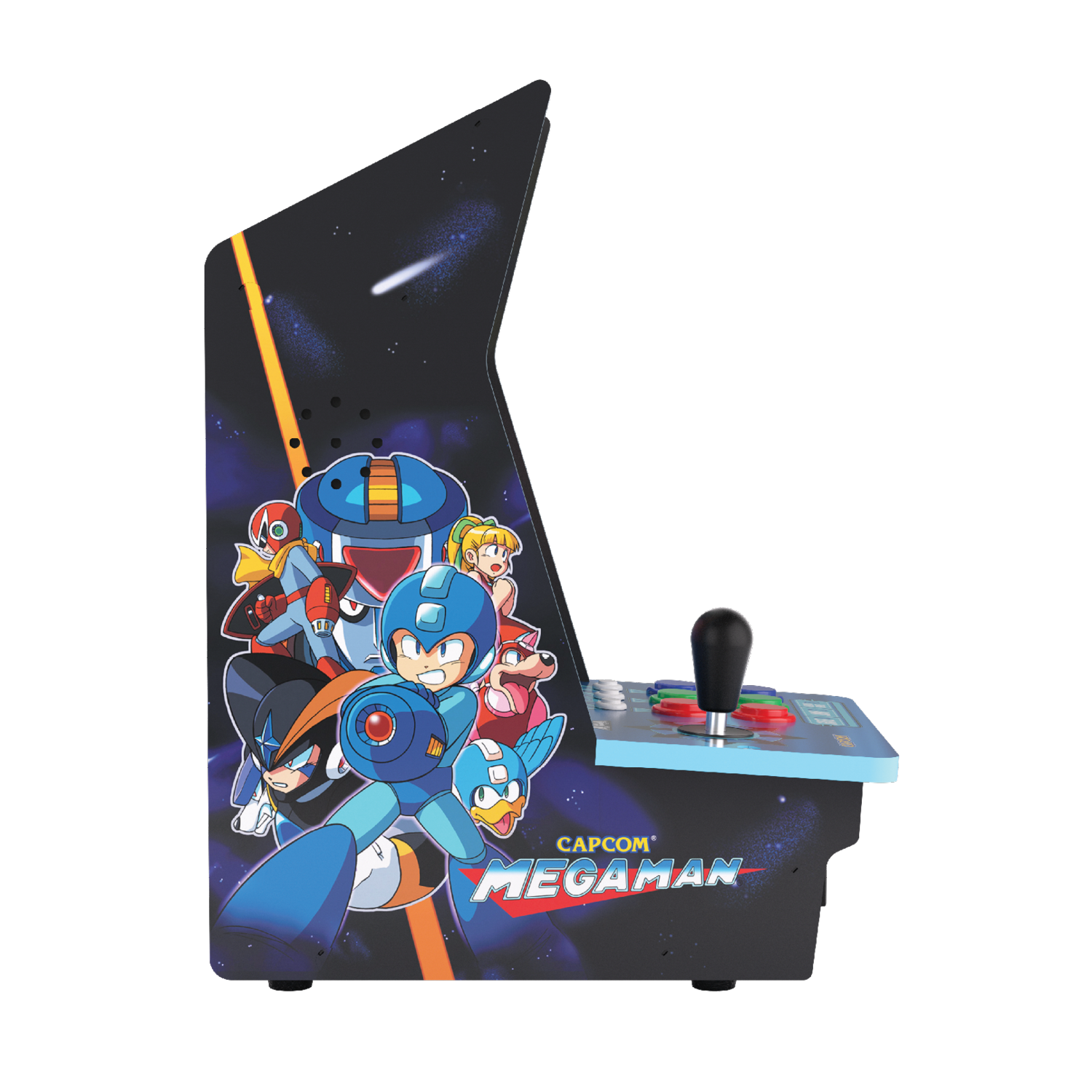 Mini máquina arcade con gráficos de Mega Man.