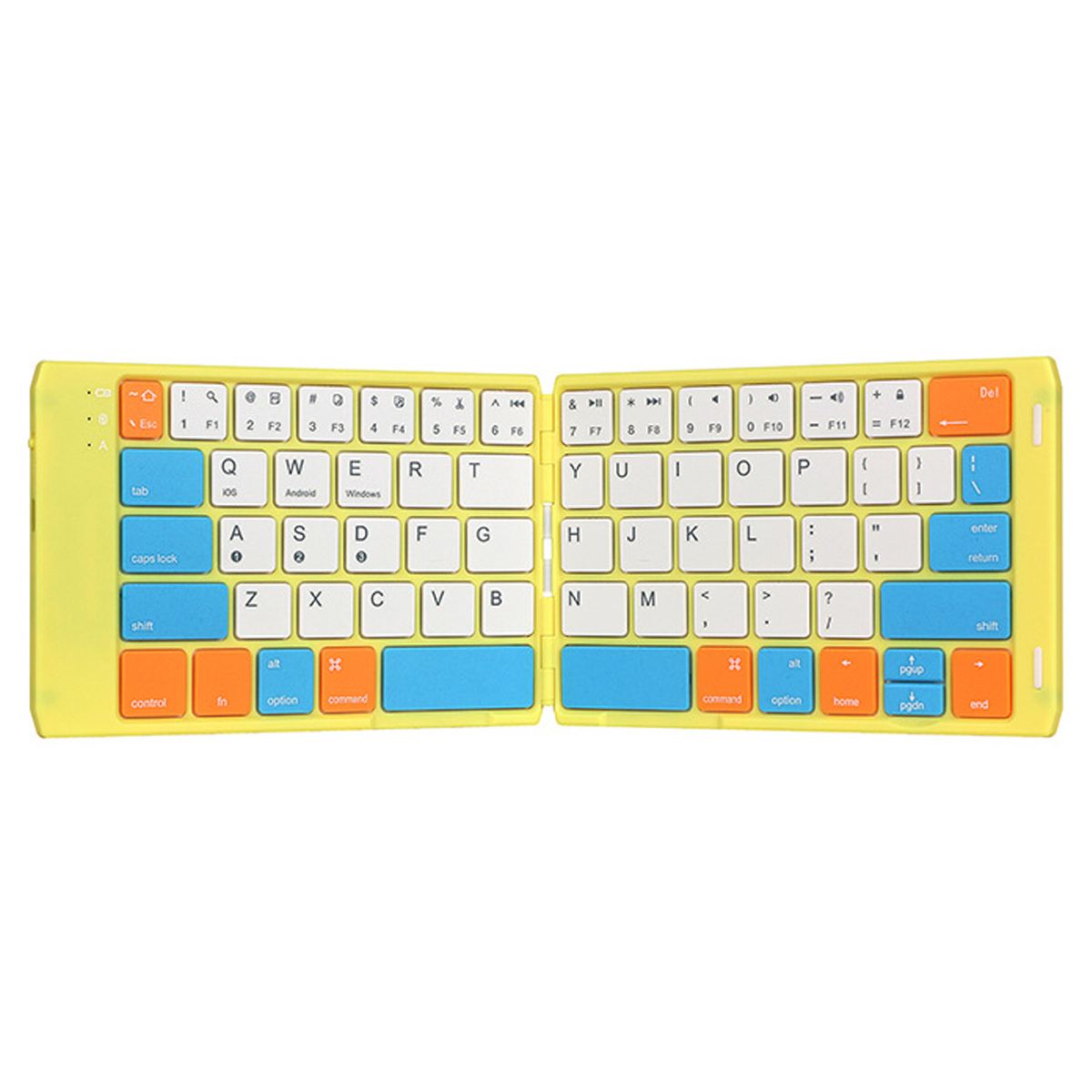 Gelbe, faltbare Tastatur mit blauen und orangen Tasten, weißer Hintergrund.