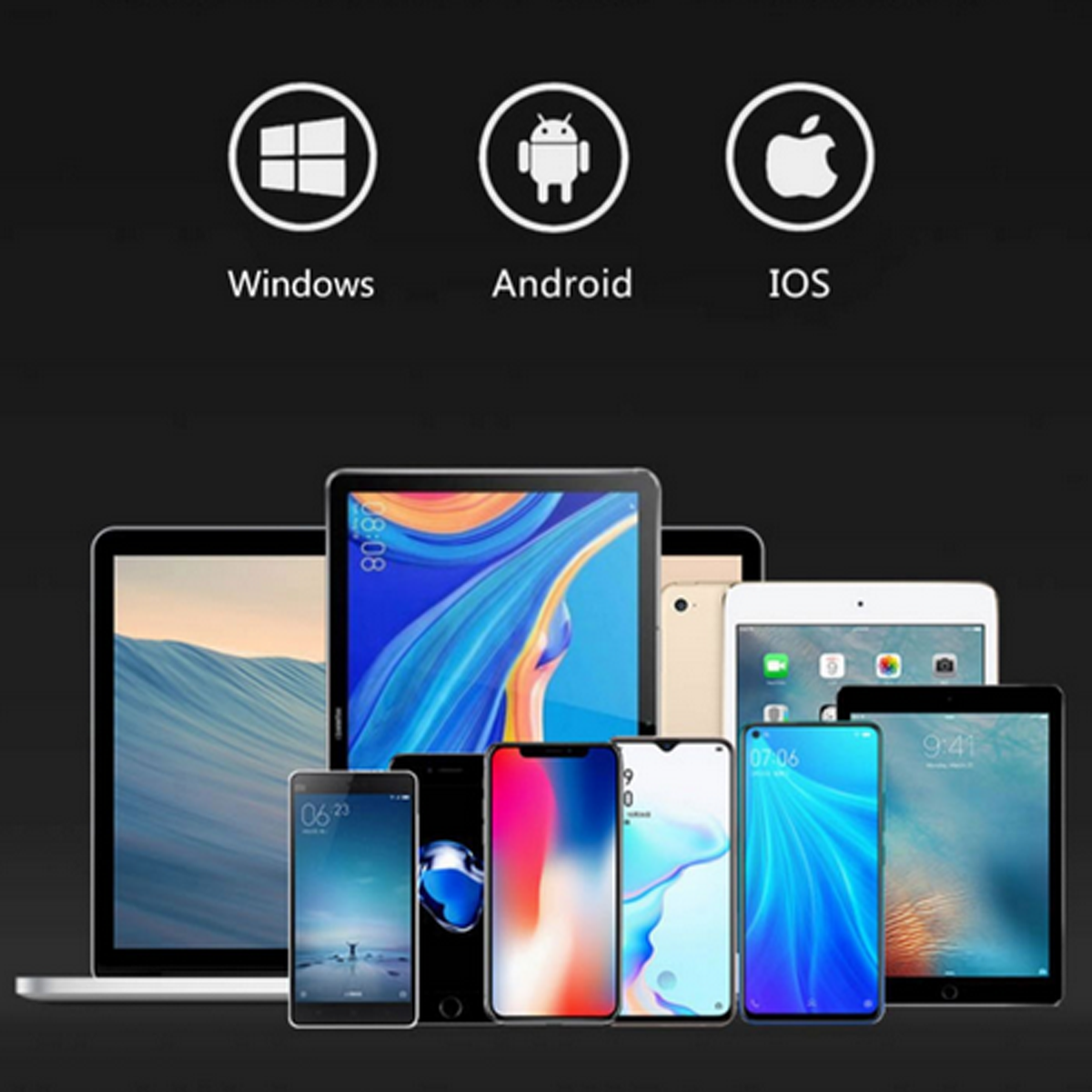 Verschiedene Smartphones und Tablets vor Windows-, Android- und iOS-Logos angeordnet.