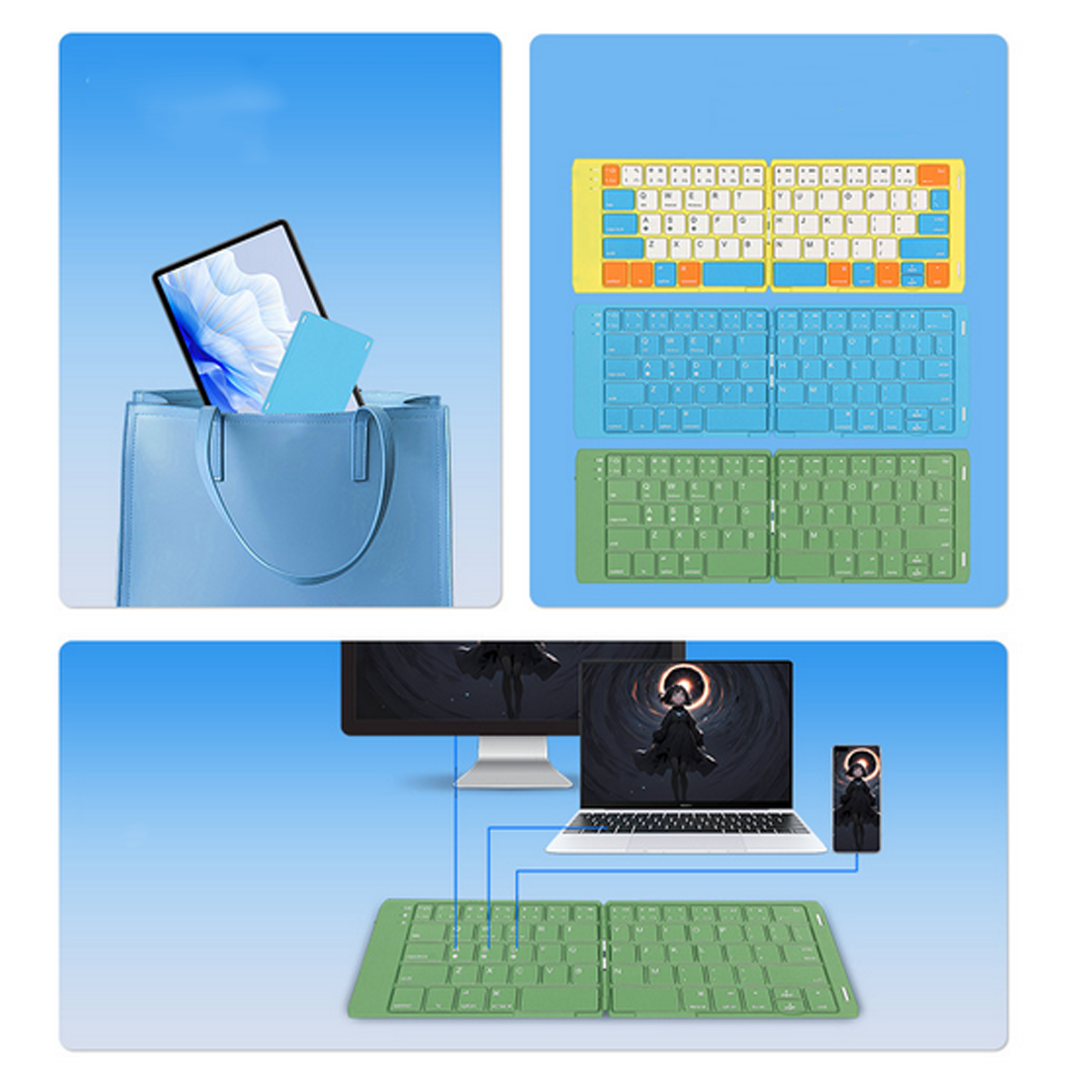 Drei gefaltete Tastaturen in verschiedenen Farben, ein Tablet in einer Tasche und ein Laptop mit Tastatur verbunden.