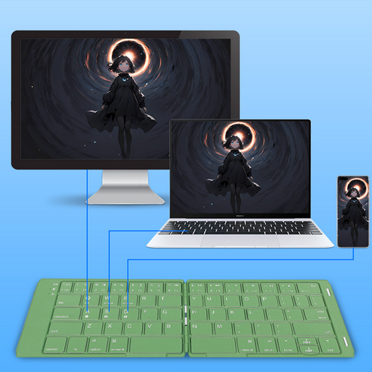 Mehrere Geräte sind mit einer grünen Tastatur verbunden. Anzeigen auf Monitor, Laptop und Telefon. Blauer Hintergrund.