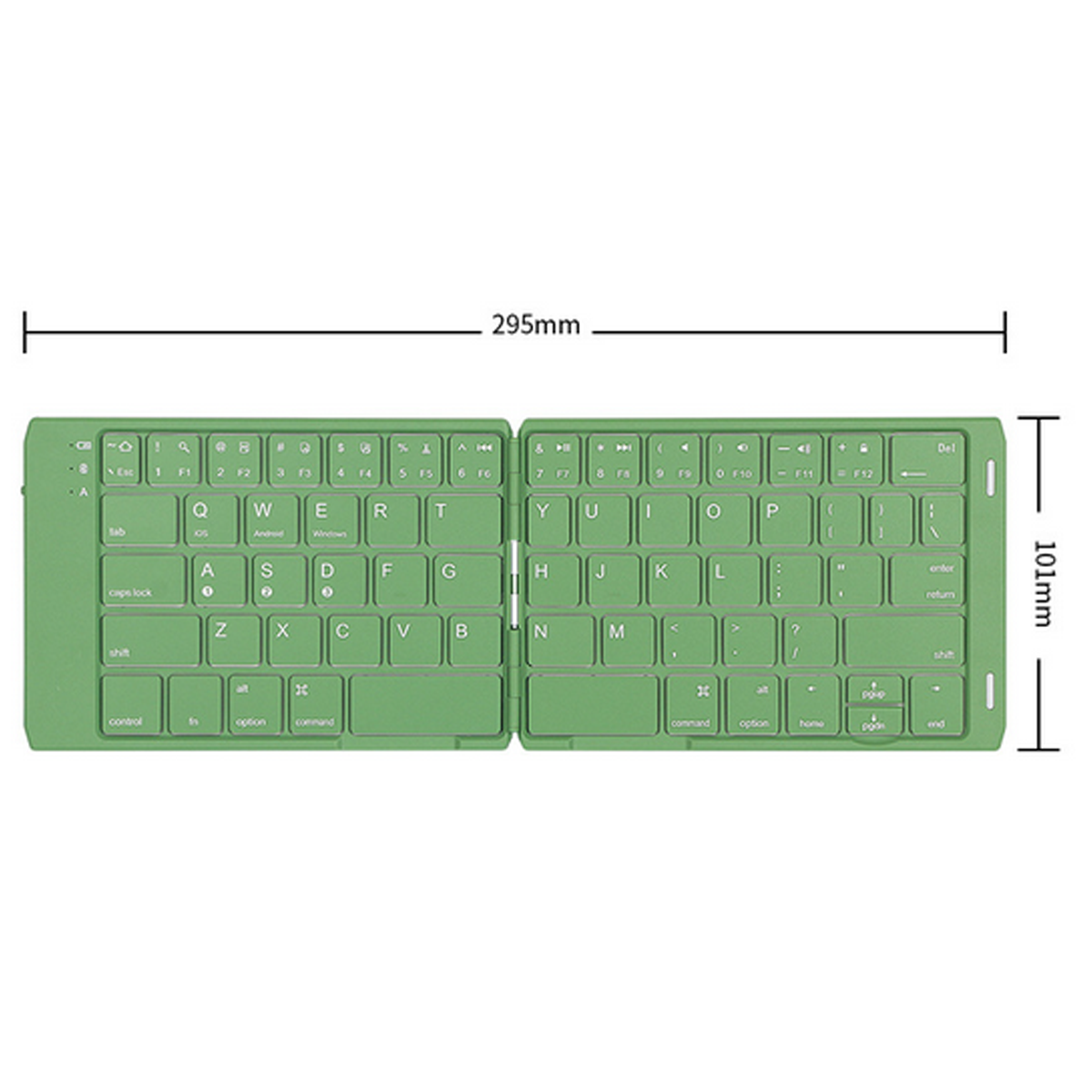 Grüne Klapp-Tastatur mit Tasten, Messungen und weißem Hintergrund.