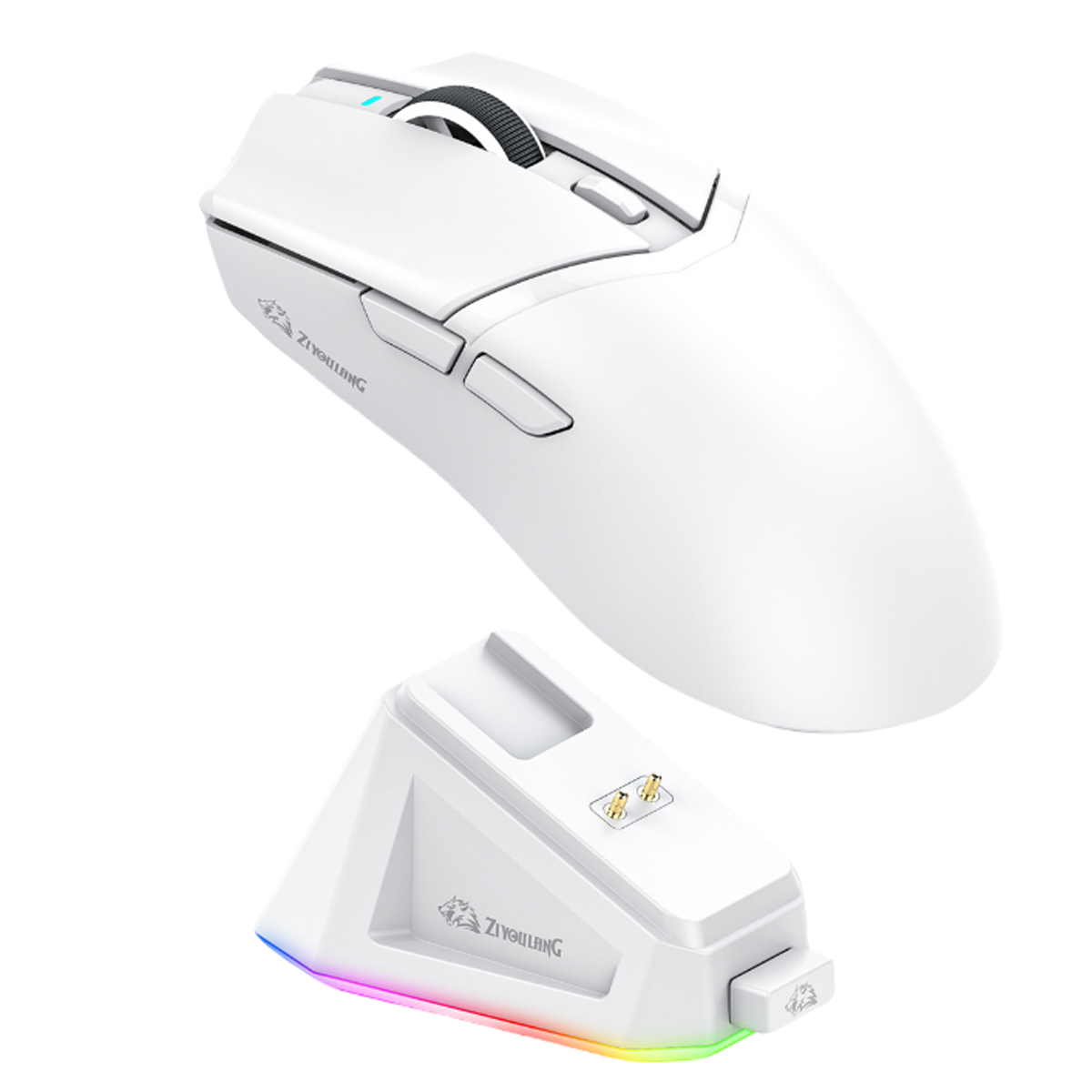 Weiße Gaming-Maus mit Ladestation. Maus auf weißem Hintergrund.