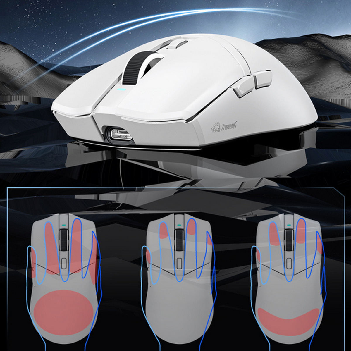 Weiße Gaming-Maus mit drei visuellen Darstellungen der Handpositionen.