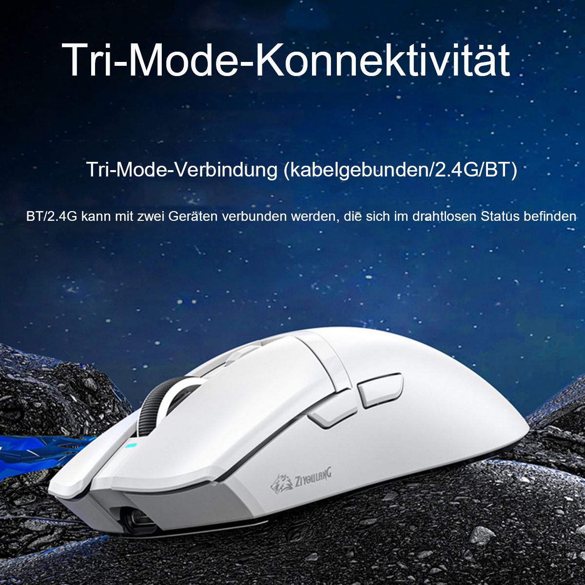 Eine weiße kabellose Maus auf einer felsigen Oberfläche. Text: 'Tri-Mode-Konnectivität'.
