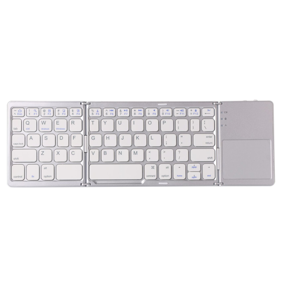 Eine silberne, zusammengeklappte Tastatur. Die Tasten sind weiß. Sie befindet sich in einer offenen, gebrauchsfertigen Position.