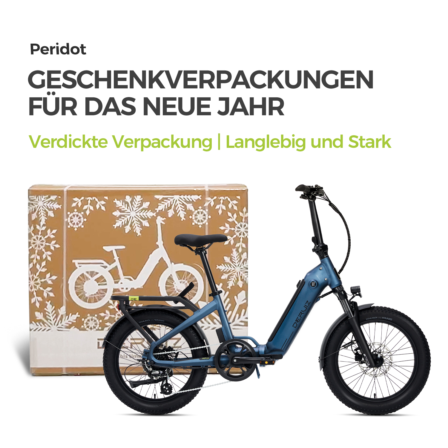 Blaues E-Bike neben einer Geschenkbox mit Fahrradillustration. Text: Geschenkverpackung für das neue Jahr.