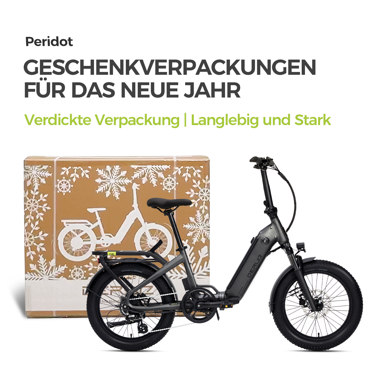 Ein Elektrofahrrad neben einer Box mit Text. Text auf der Box: Geschenkverpackung für das neue Jahr.