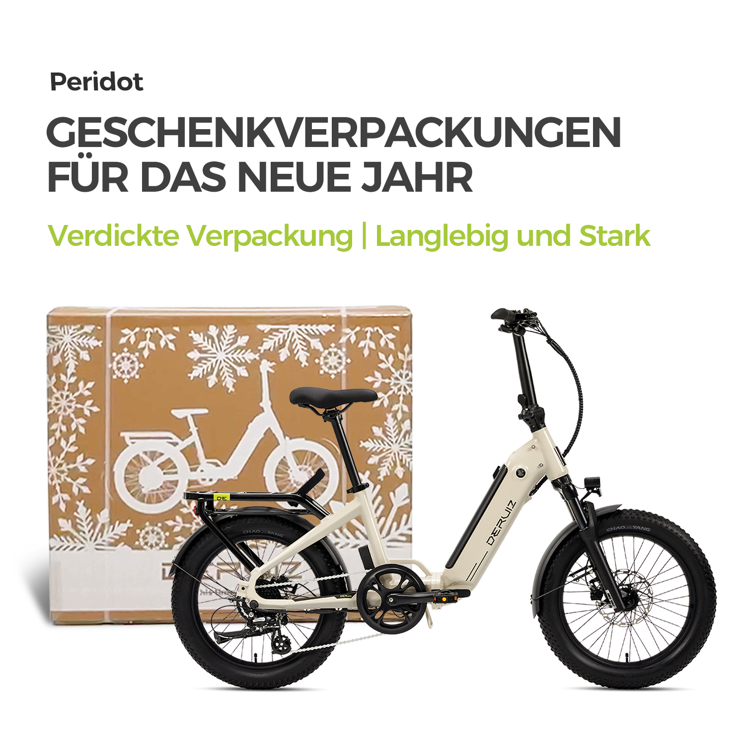 Ein Elektrofahrrad mit einer Geschenkbox, auf der eine Zeichnung desselben Fahrrads zu sehen ist.