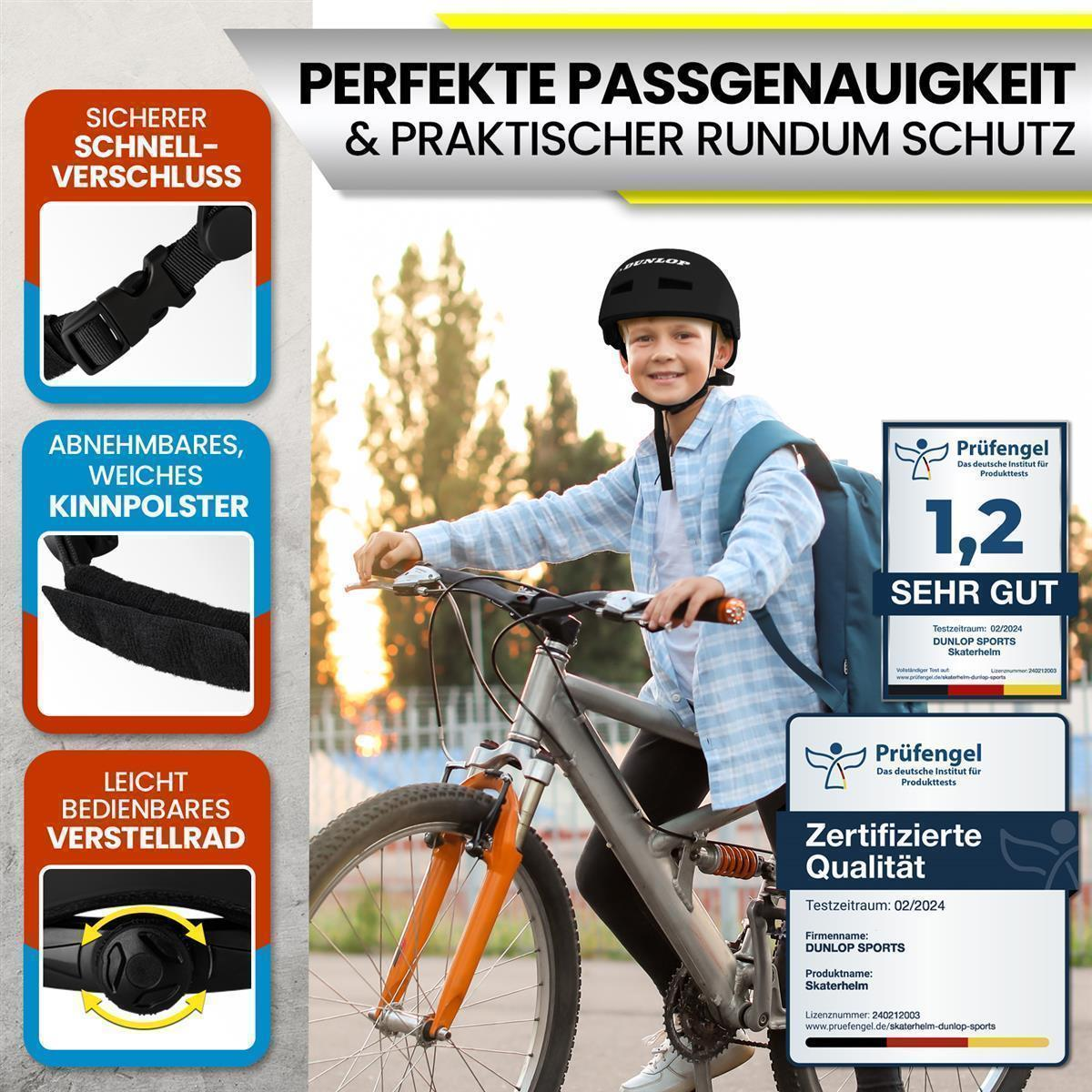 Ein Junge auf einem Fahrrad mit Helm und Produktinformationen. Es ist auf weißem Hintergrund.