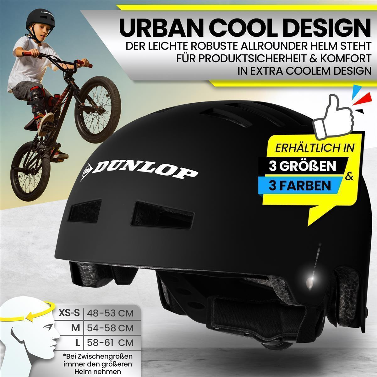 Schwarzer Helm mit weißem Logo, Text über Design und Größen und ein Junge auf einem BMX-Rad.