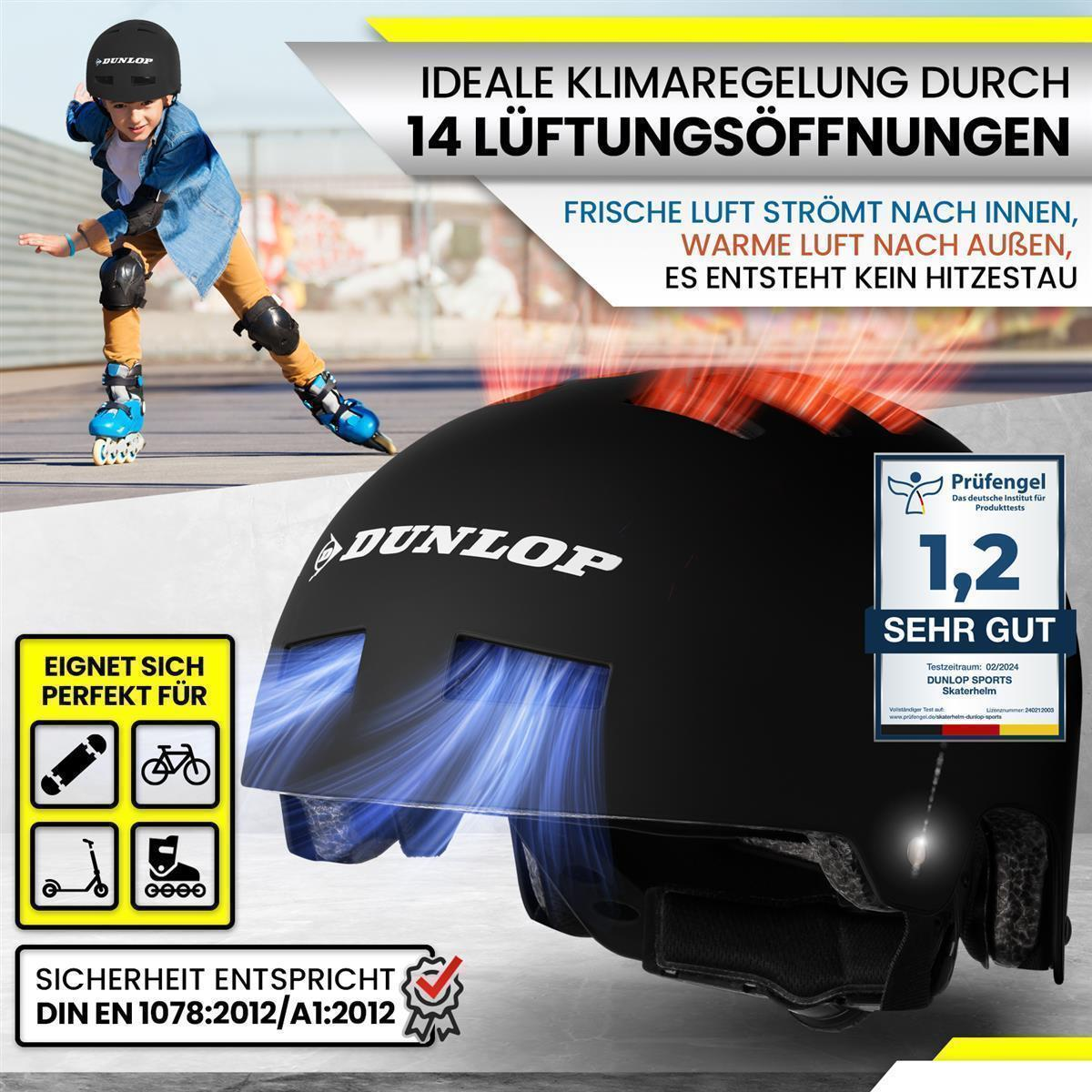 Kind mit schwarzem Helm und Schutzkleidung, mit Text über Helmfunktionen.