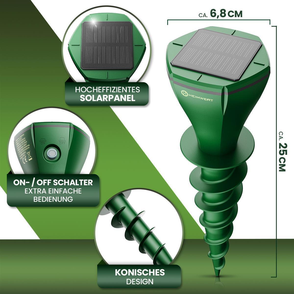 Grüner Gartenpfahl mit Solarpanel und Nahaufnahmen von Funktionen und Abmessungen.