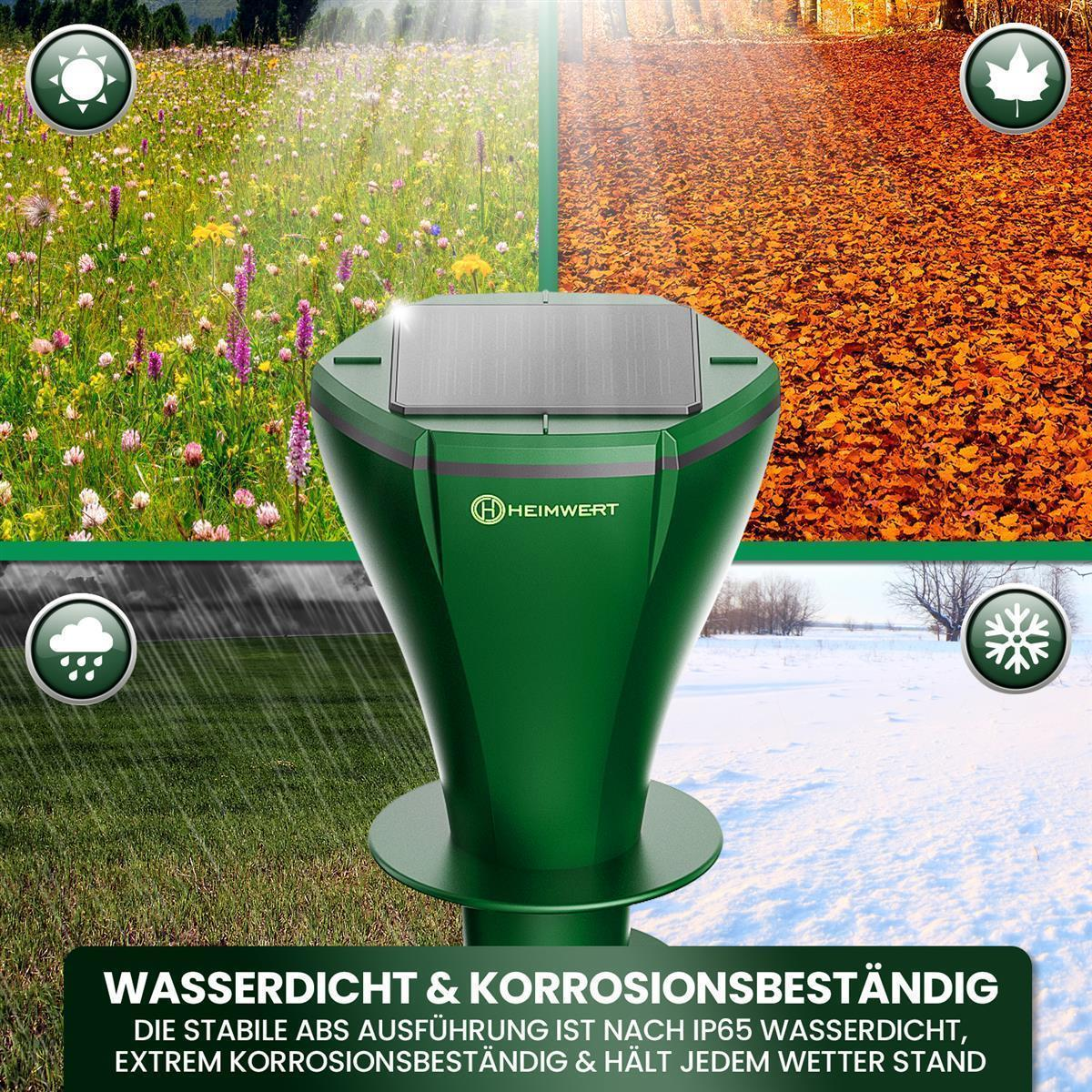 Eine grüne Wetterstation zeigt Bilder verschiedener Jahreszeiten im Hintergrund.