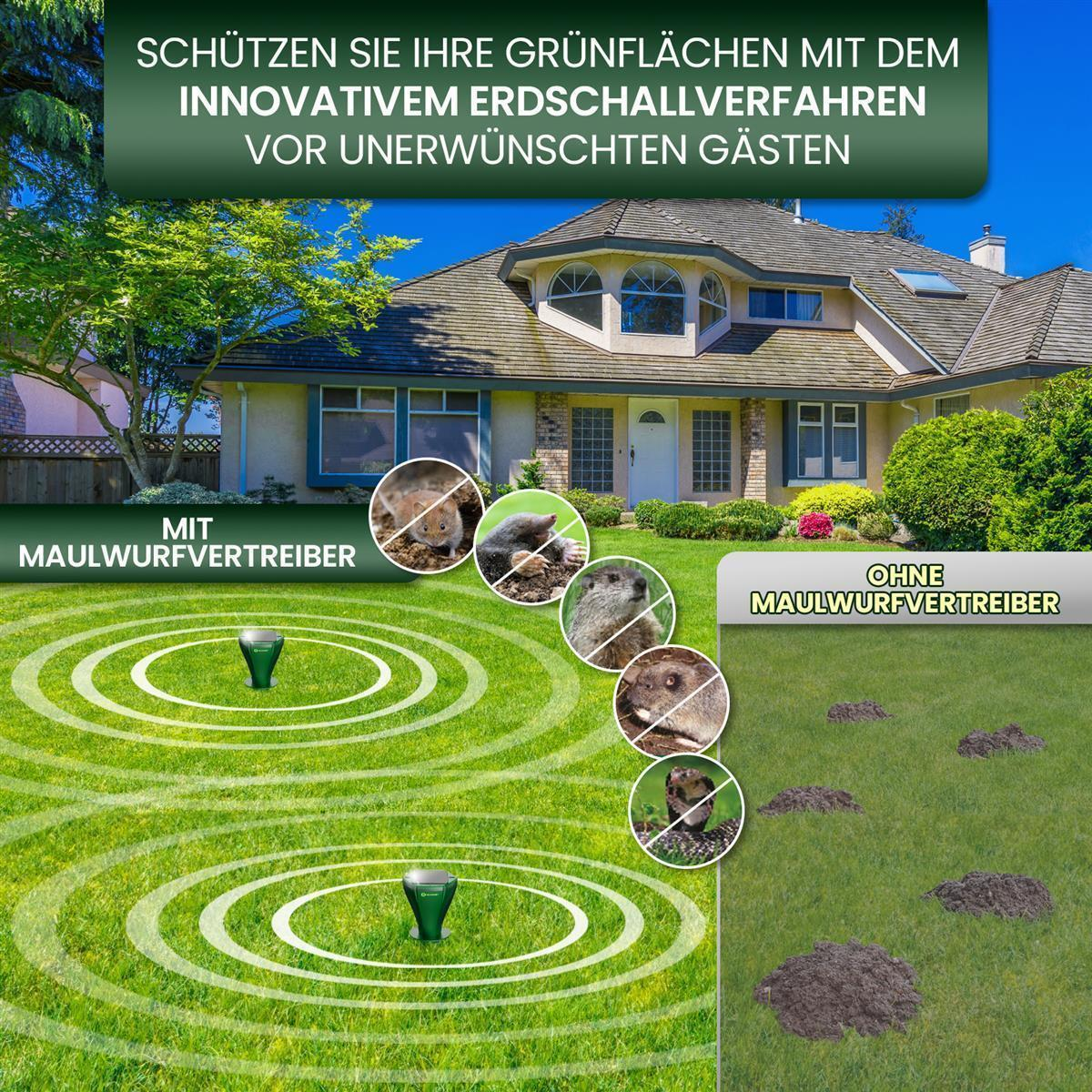 Rasen mit Haus im Hintergrund und zwei Maulwurfvertreibern mit visueller Wirkung.