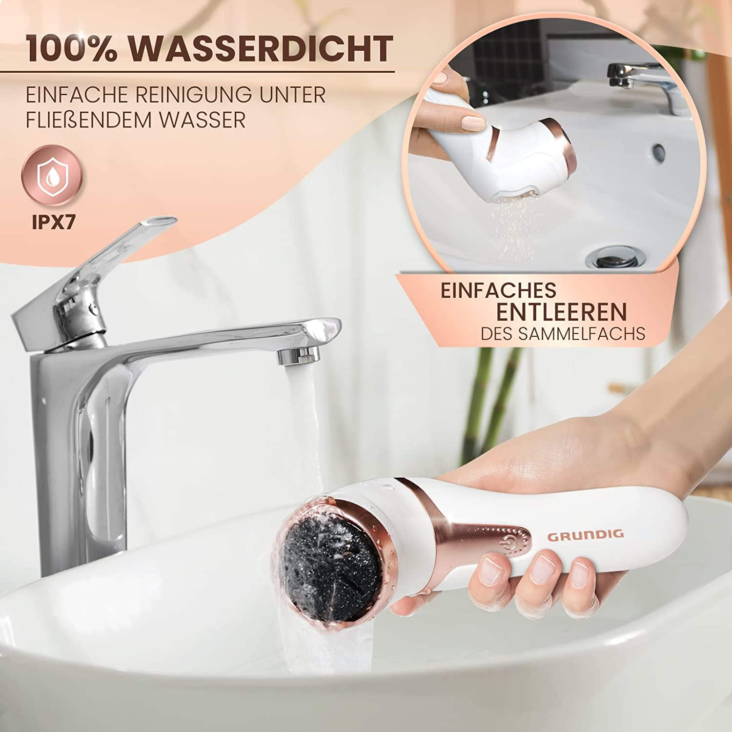 Eine Frau benutzt eine Fußfeile über einem Waschbecken. Die Feile ist weiß und roségold.