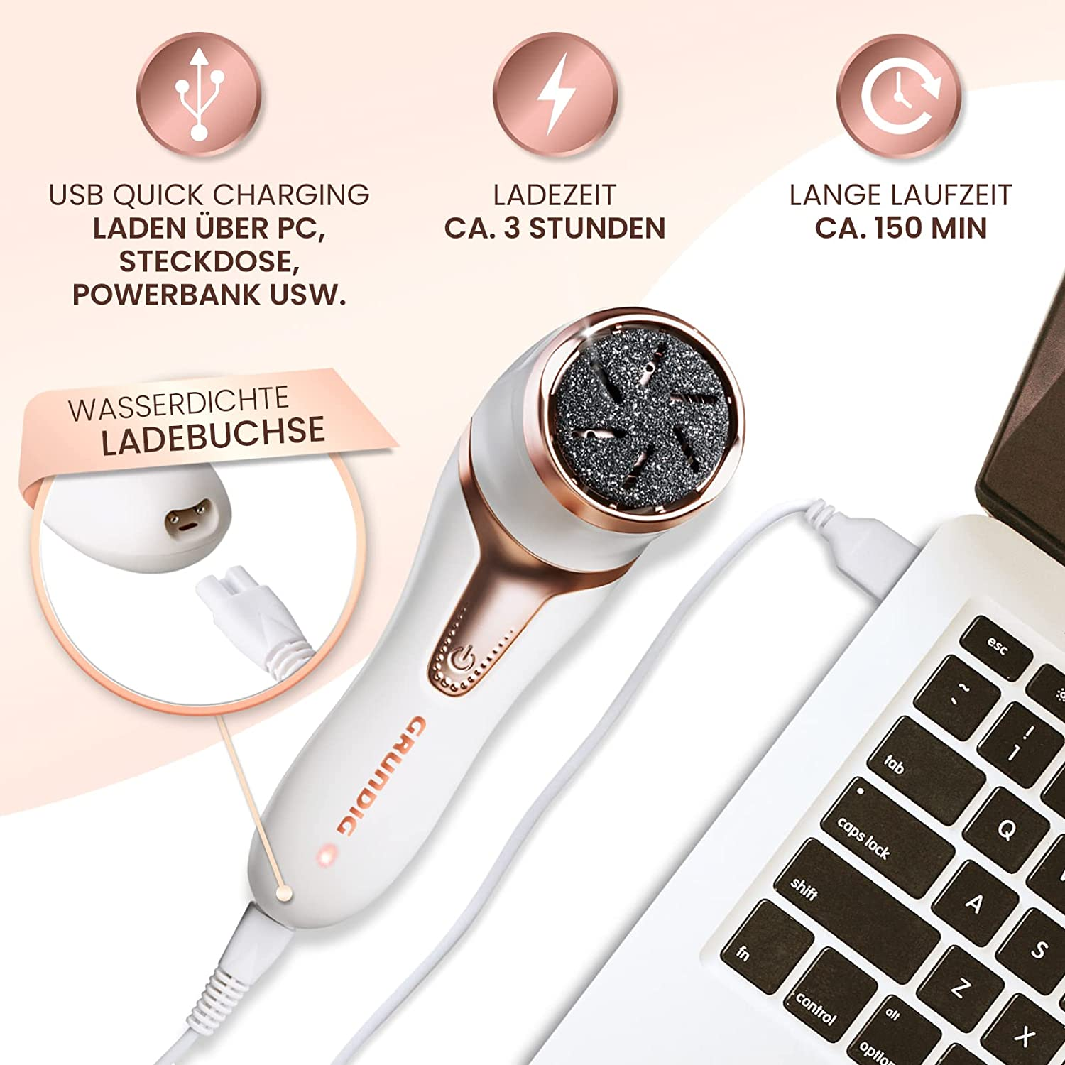 Weißes Fußpflegegerät mit USB-Aufladung, Ladezeit und Details zur langen Laufzeit. An Laptop angeschlossen.
