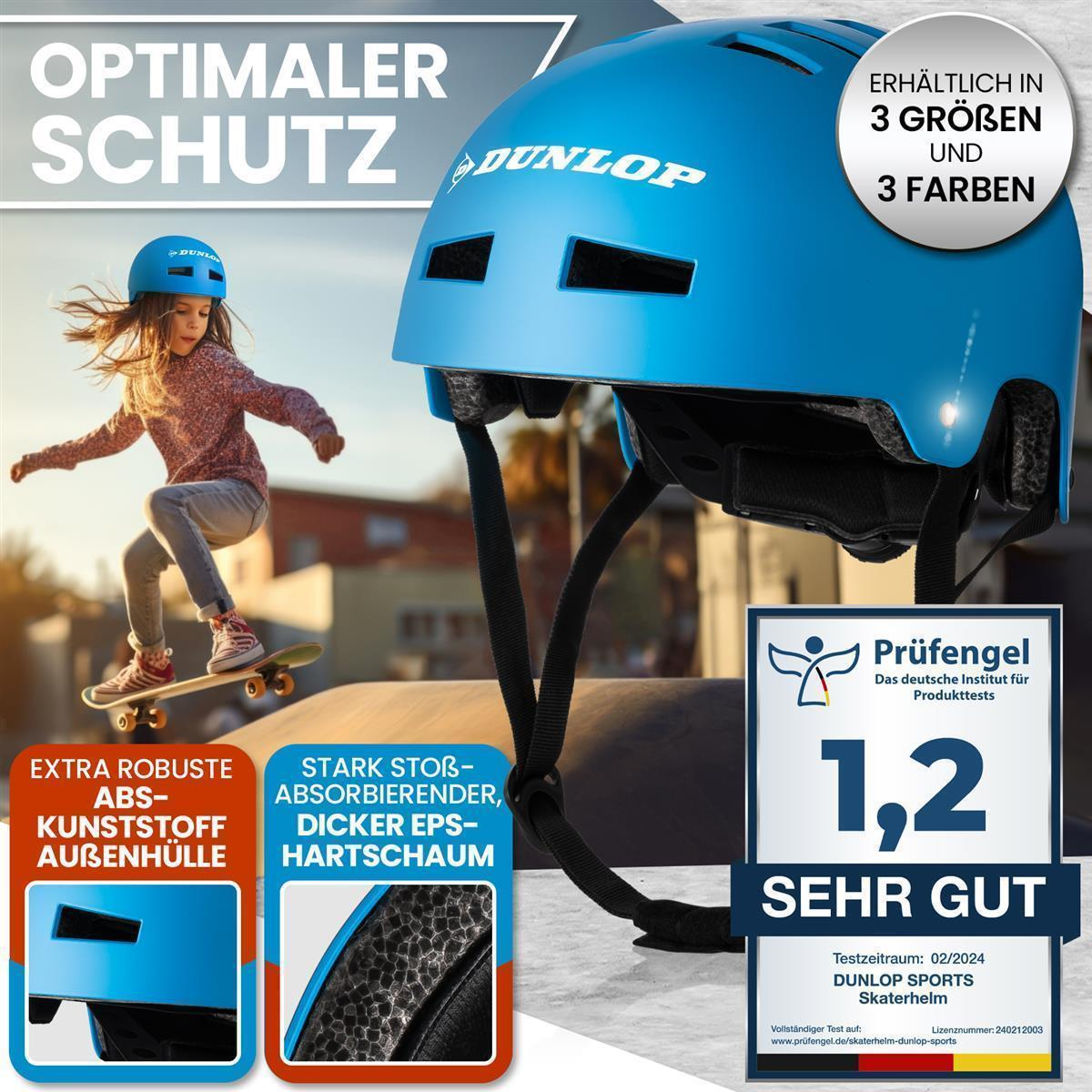 Blauer Helm mit Text, Mädchen auf Skateboard und Inset-Bilder. Weißer Hintergrund.