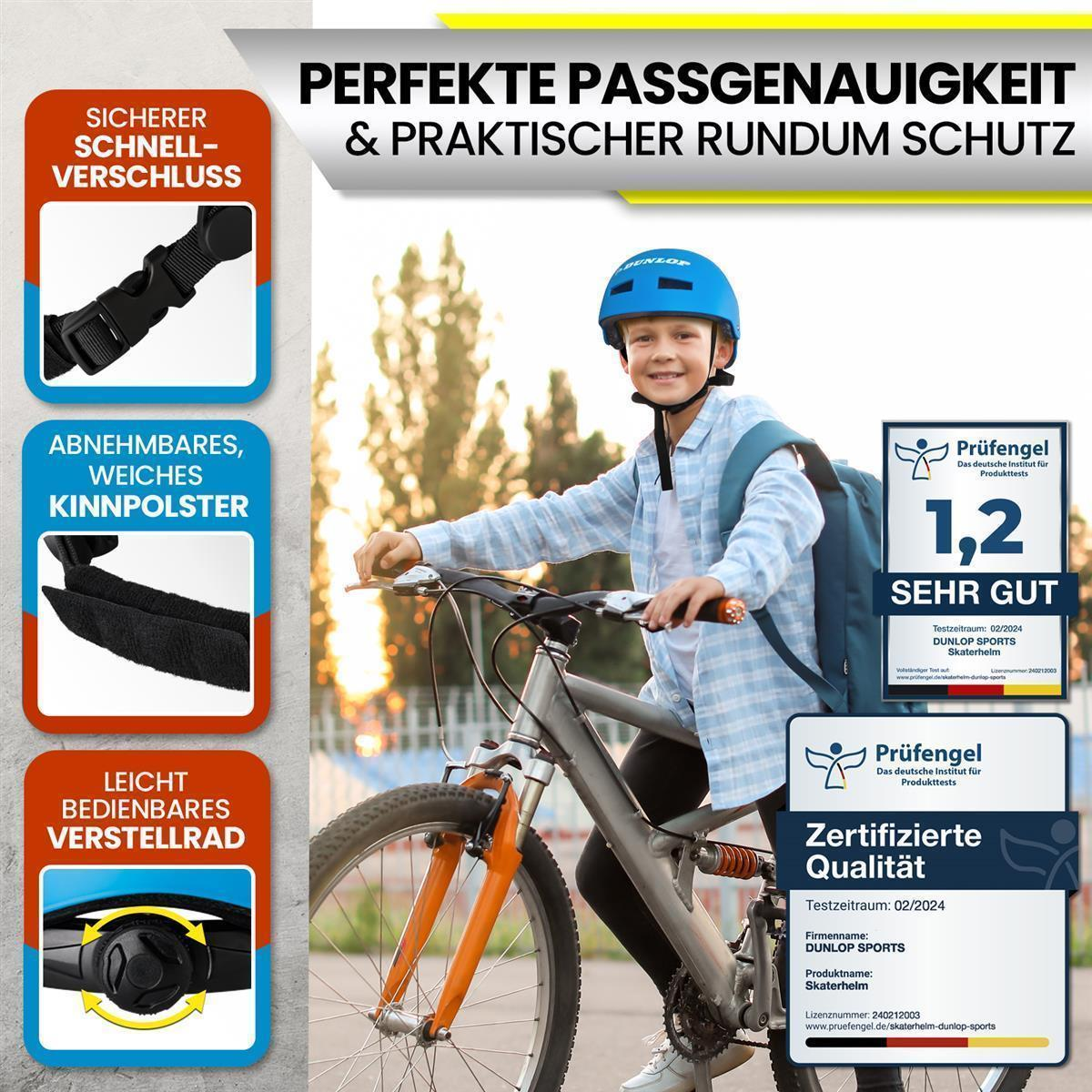 Ein Junge auf einem Fahrrad mit Helm und Rucksack, umgeben von Sicherheitsinformationen.