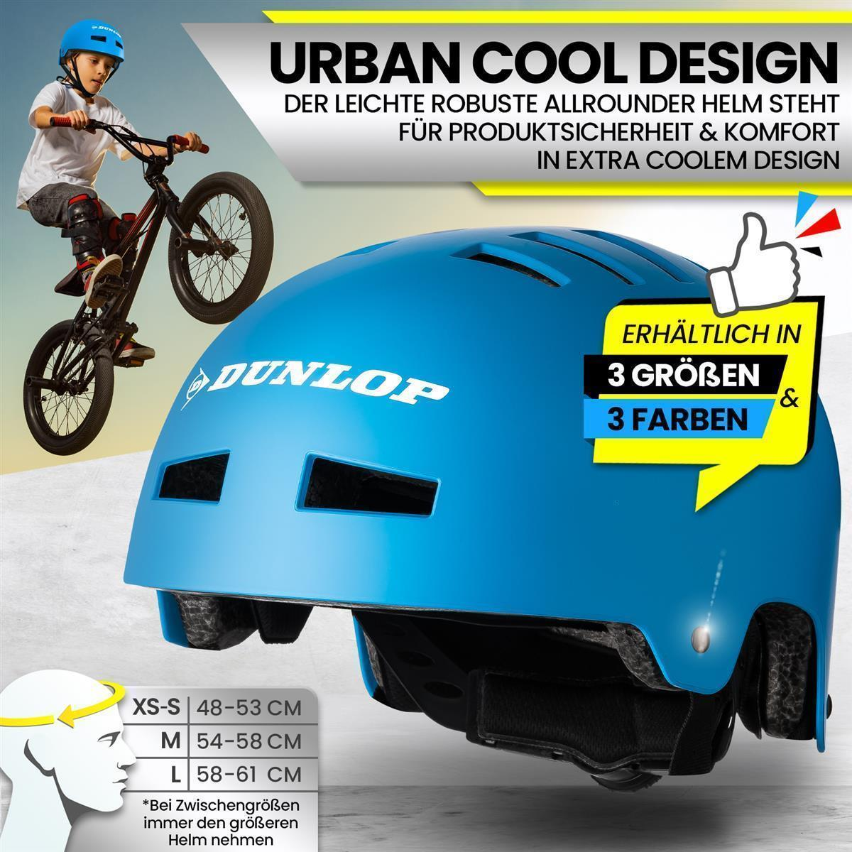 Ein blauer Helm mit einem Jungen auf dem Fahrrad. Text sagt 'URBAN COOL DESIGN' und '3 Größen, 3 Farben'.