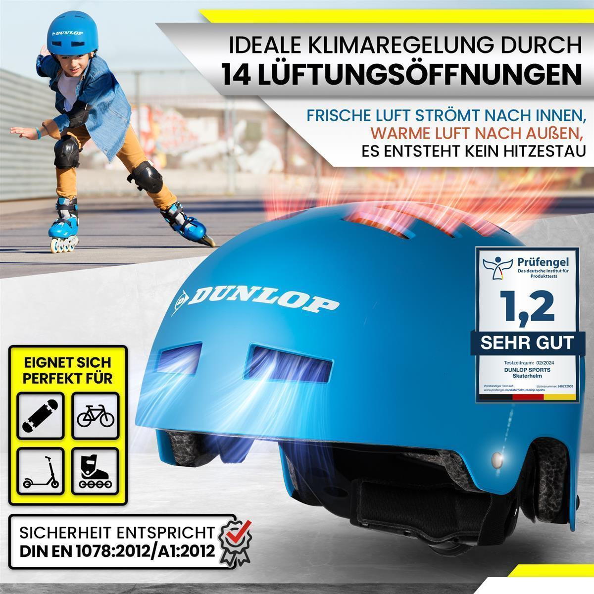 Blauer Helm mit Kind auf Rollschuhen, Knieschützern und Roller, mit Sicherheitssymbolen.