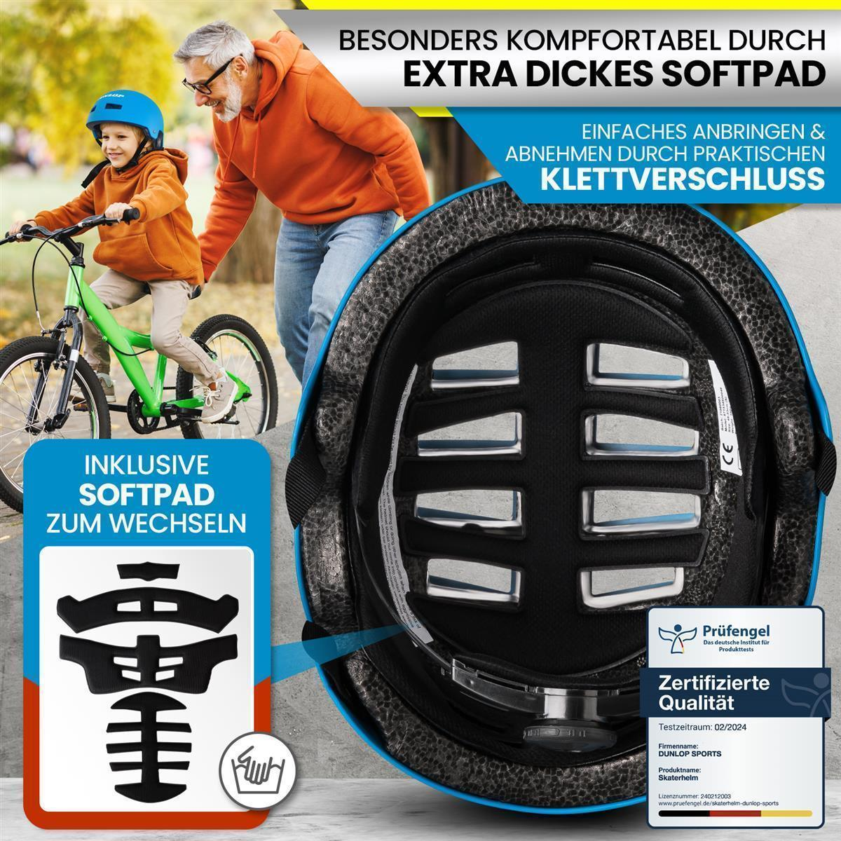 Ein Junge und ein Mann fahren Fahrrad. Ein schwarzer Helm steht im Mittelpunkt des Bildes.