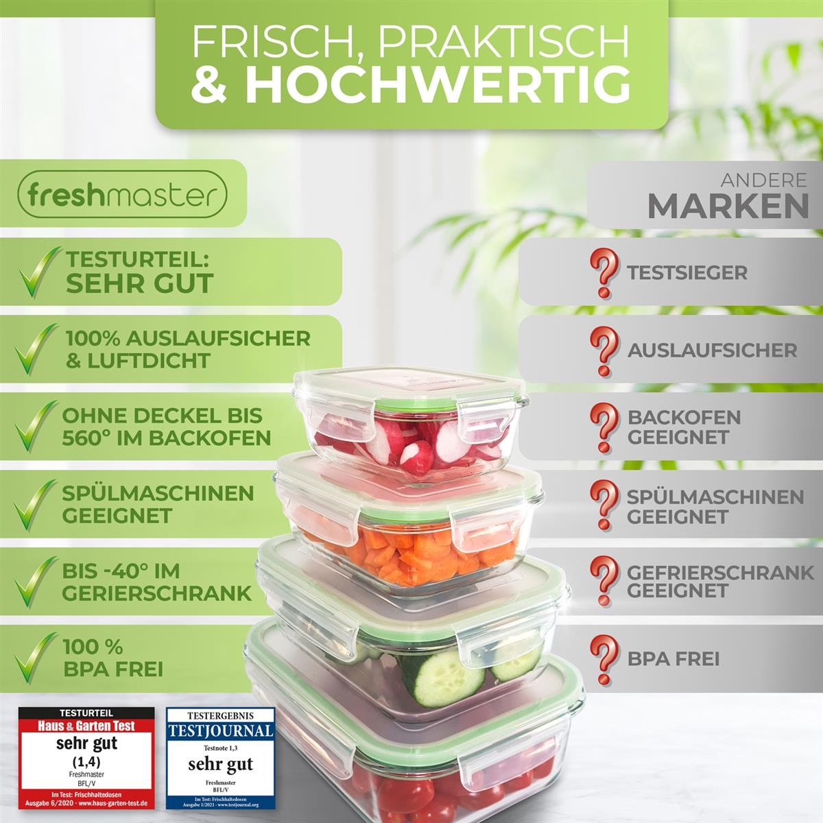 Stapelbare Lebensmittelbehälter mit Essen, Text und Häkchen auf grünem und weißem Hintergrund.