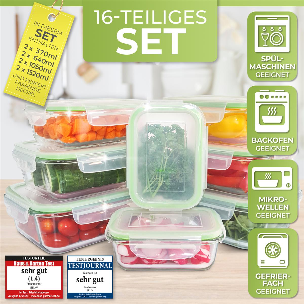 Set aus 16 Lebensmittelbehältern mit Deckeln, angeordnet zur Präsentation, mit Text und Symbolen.