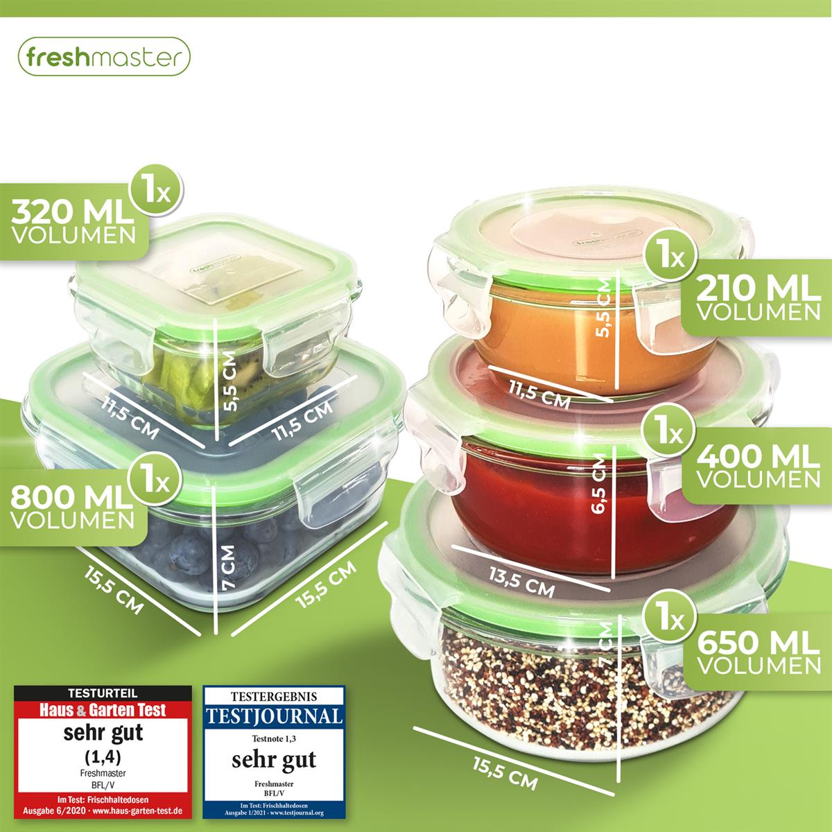 Set von Lebensmittellagern, verschiedene Größen, mit Deckeln und Etiketten.