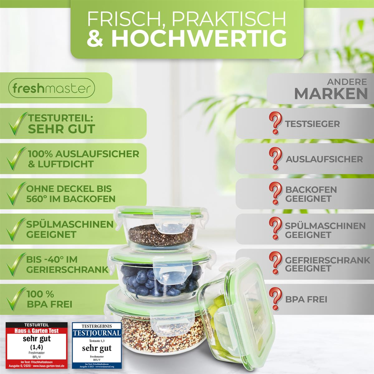 Stapel von Freshmaster-Behältern mit Text und Häkchen. Andere Marken sind ebenfalls gezeigt. Weißer Hintergrund.