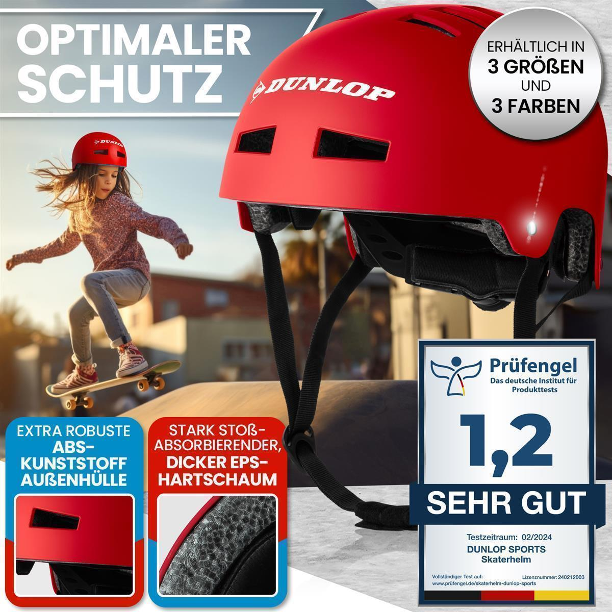 Ein junges Mädchen auf einem Skateboard mit rotem Helm. Enthält Text zur Sicherheit.