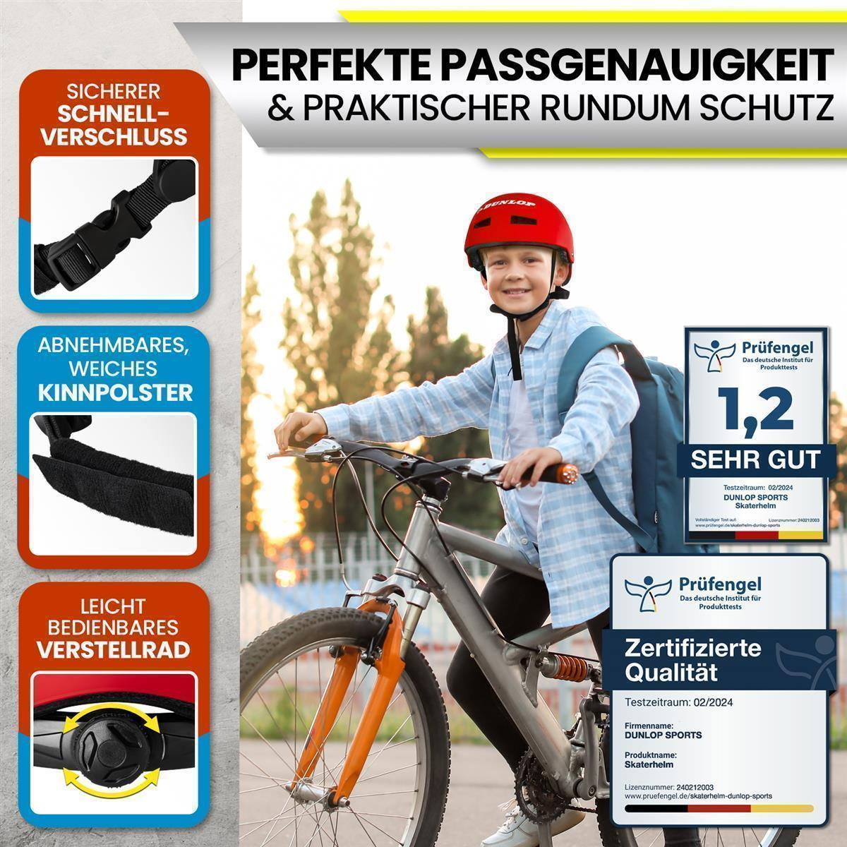 Ein Kind auf einem Fahrrad mit rotem Helm, mit Details zu Helm, Fahrrad und Testergebnissen.