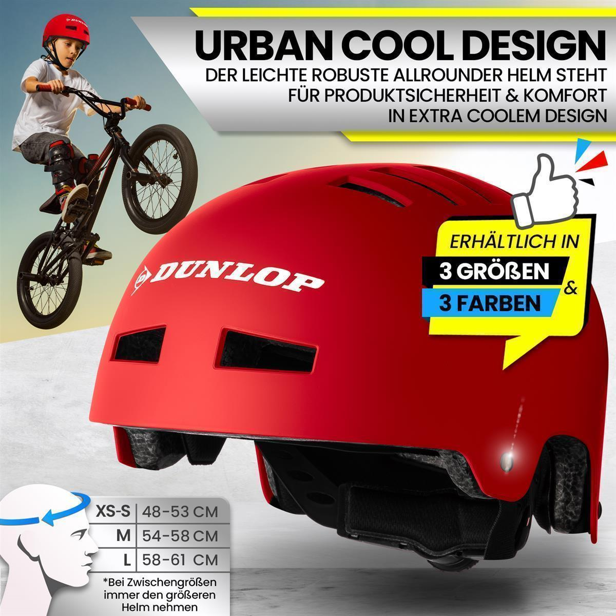 Ein Kind auf einem Fahrrad mit rotem Helm. Der Helm hat das Wort 'Dunlop'. Weißer Hintergrund.