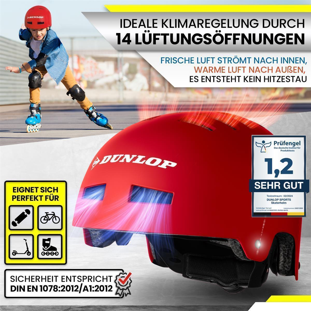 Roter Helm mit Luftschlitzen, neben einem Kind mit Rollschuhen.