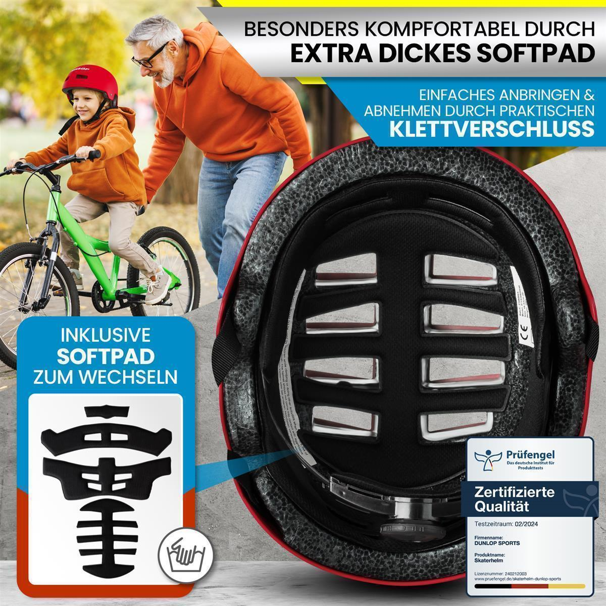 Ein roter und schwarzer Kinderhelm mit einem weichen Polster. Ein Kind und ein Erwachsener im Hintergrund.
