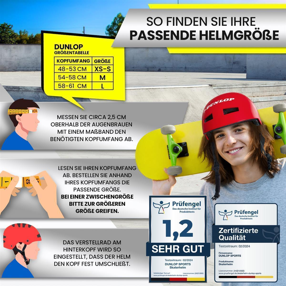 Eine junge Frau mit rotem Helm und gelbem Skateboard. Größentabelle wird gezeigt.