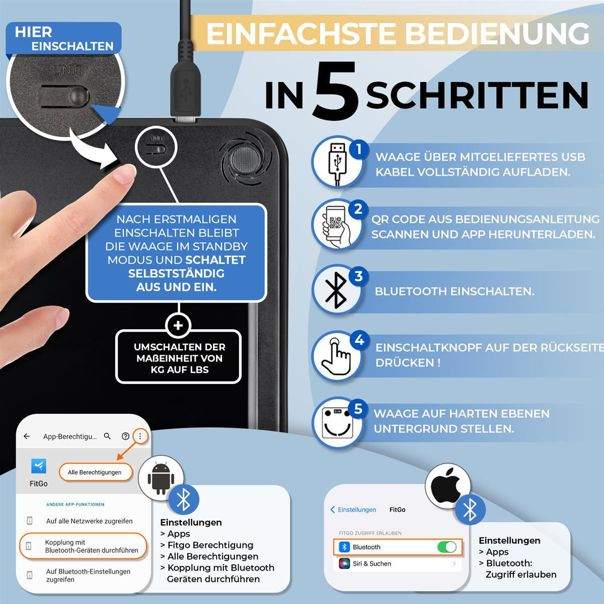 Diagramm mit 5 Schritten zur Verwendung einer Waage. Eine Hand drückt die Ein-/Aus-Taste. Telefoneinstellungen sind ebenfalls sichtbar.