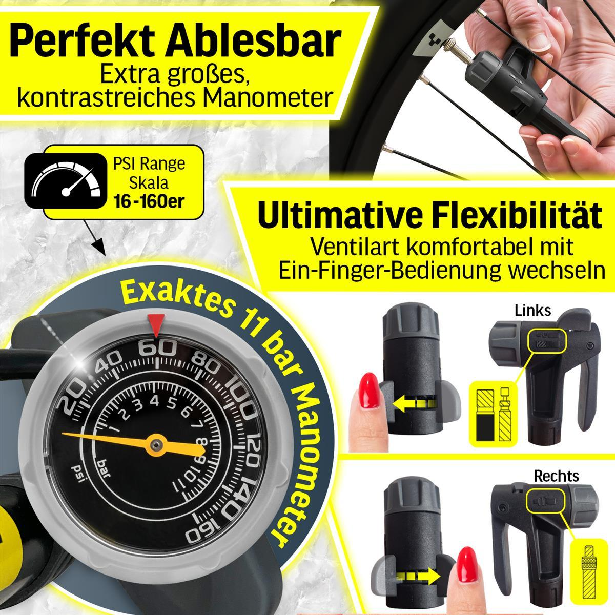 Nahaufnahme eines Reifenfüllers mit Zifferblatt und Düsenoptionen. Text sagt '11 bar Manometer'.