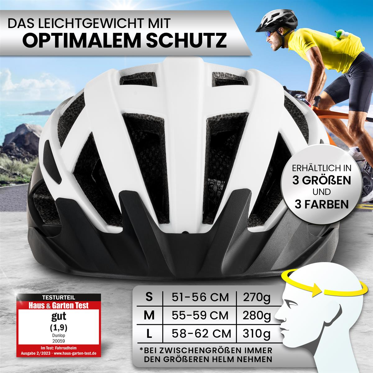 DUNLOP Wei/Schwarz, S (52-56 cm) Fahrradhelm mit Licht, 52 | 56 cm cm,  wei/ schwarz | MediaMarkt
