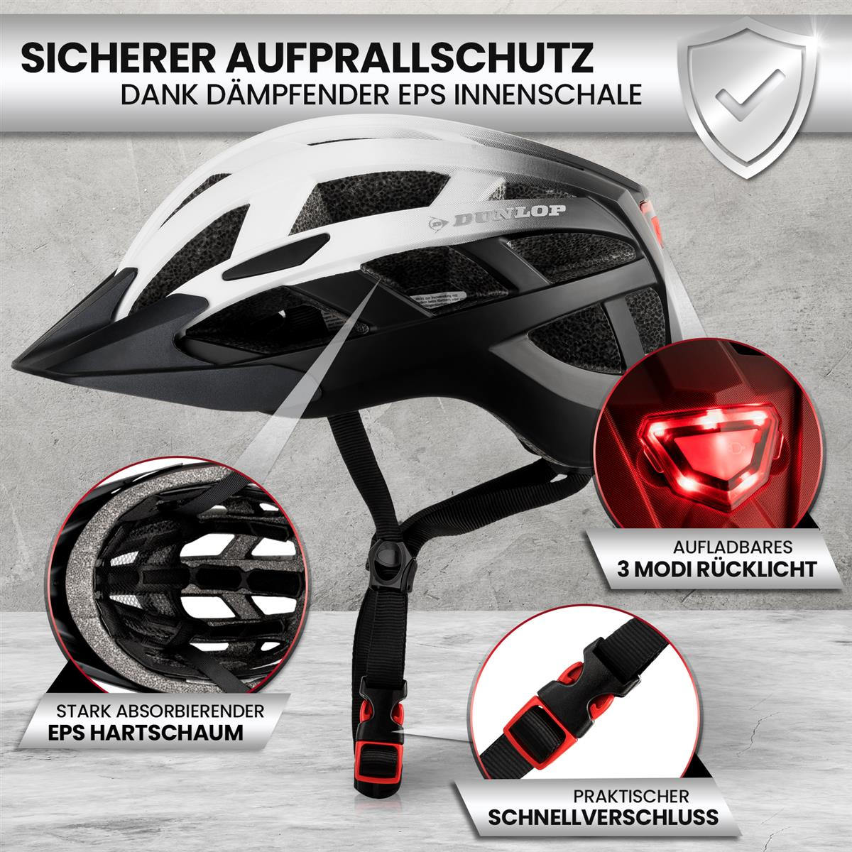 Schwarz-weißer Fahrradhelm mit roten Lichtern, EPS-Schaumstoffdetails und praktischem Schnellverschluss.
