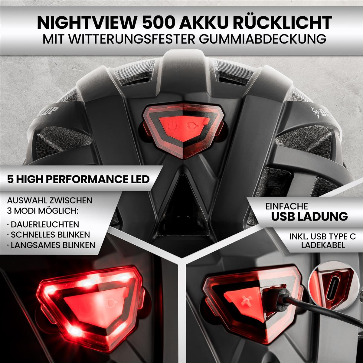 Schwarzer Fahrradhelm mit roten Lichtern. Inkl. USB-Ladekabel und verschiedene Lichtmodi.