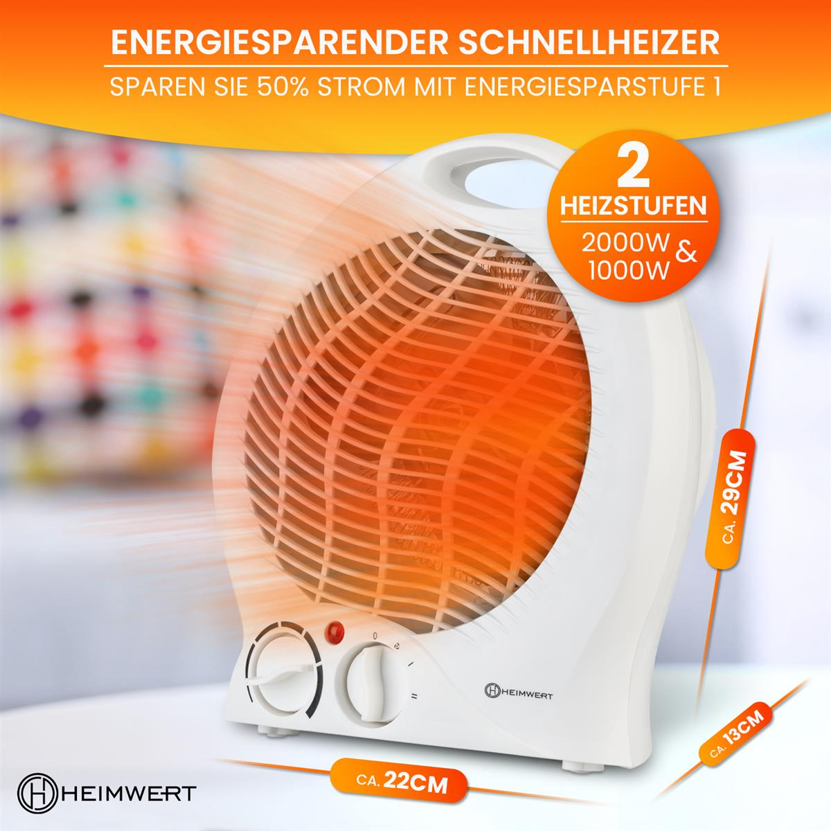 Weißer Heizlüfter mit orangefarbenem Glühen, Abmessungen und Text auf Deutsch.