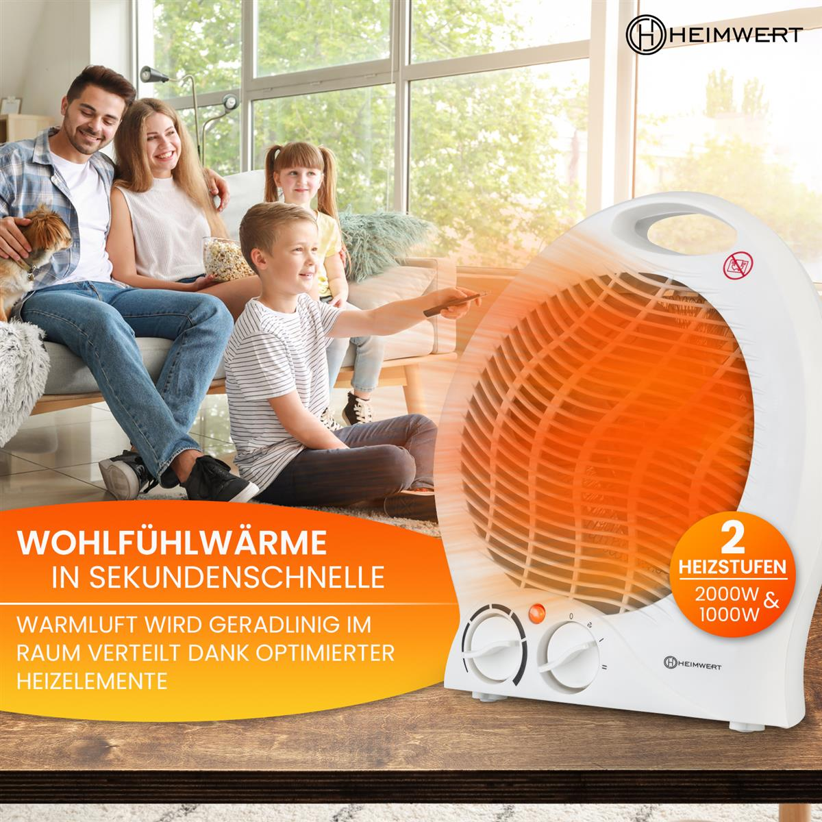 Eine Familie sitzt, eine Heizung im Hintergrund, die für warme Luft in Sekunden wirbt.
