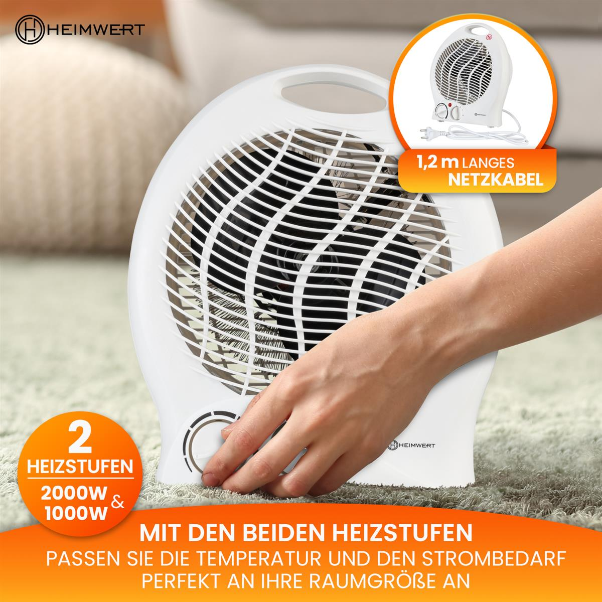 Weißer Heizlüfter, Hand berührt ihn. Text: 2 Heizstufen. Hintergrund: Teppich.