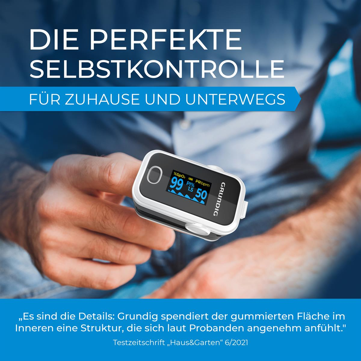Hand hält Oximeter, zeigt 99% SpO2 und 50% PRbpm, Text über Selbstkontrolle.