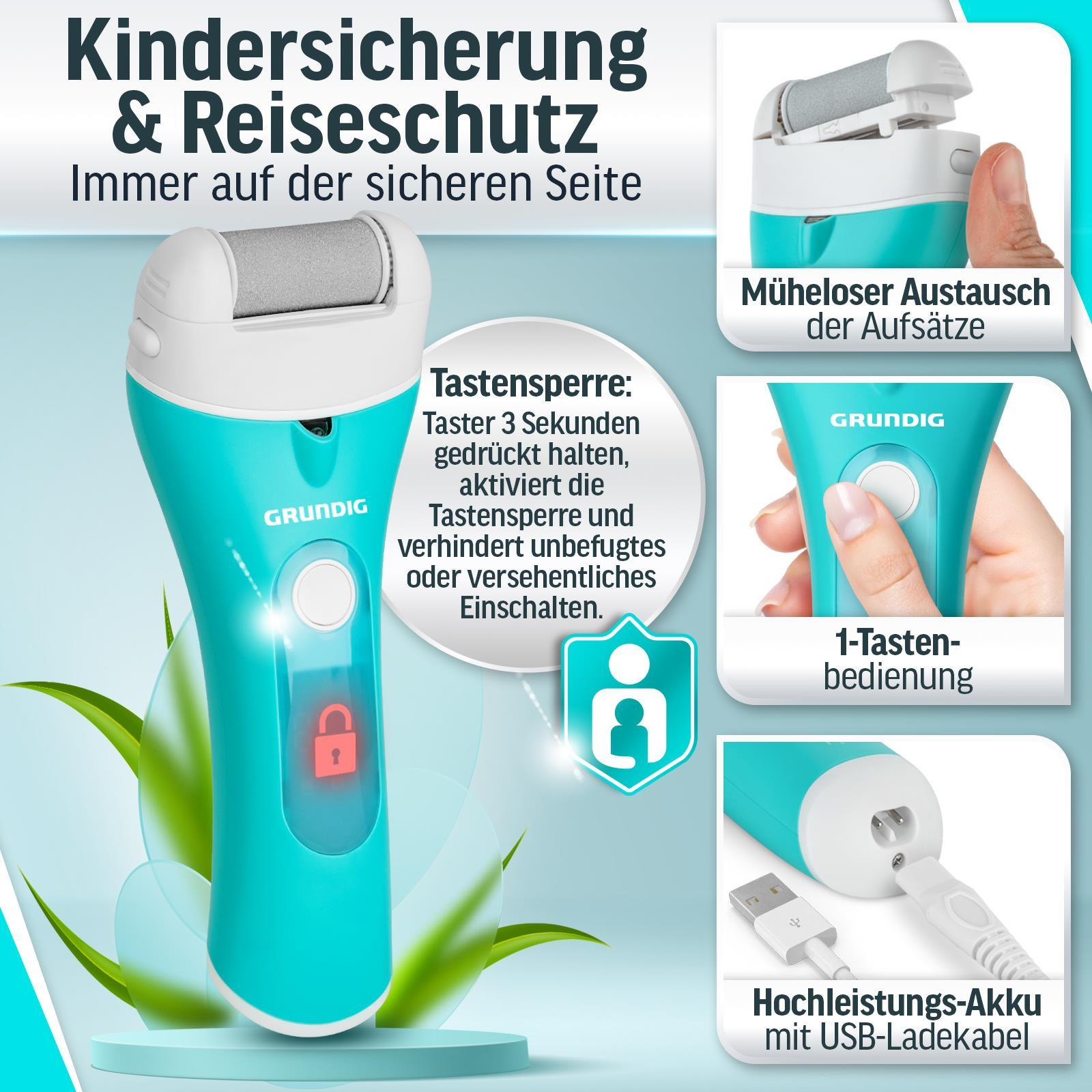 Türkisfarbenes elektrisches Fußpflegegerät mit mehreren Aufsätzen und einem Ladekabel. Hat ein Schloss-Symbol.
