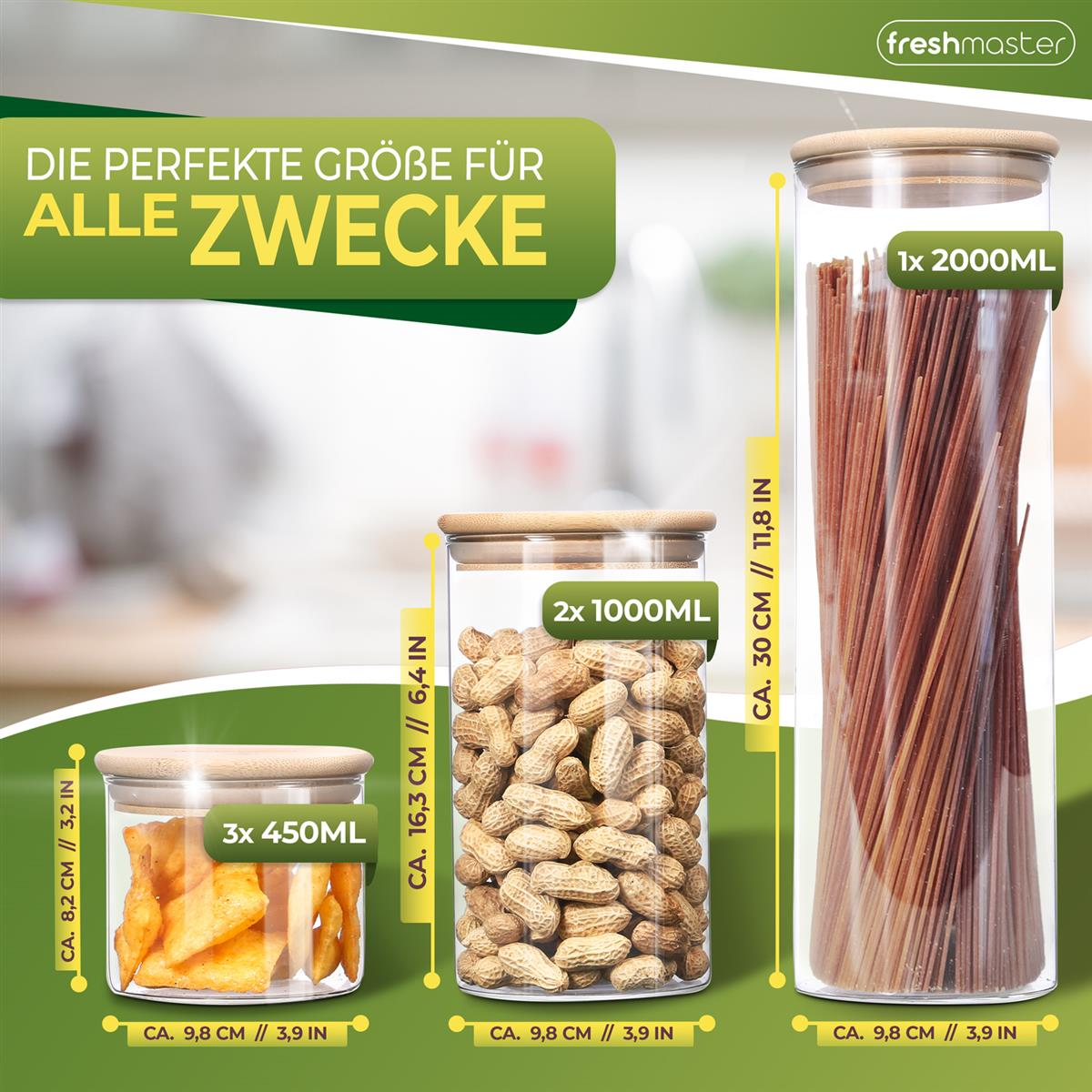 Drei Glasbehälter mit Holzdeckeln. Die Behälter enthalten Snacks, und die Maße sind in cm und Zoll angegeben.